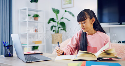 Buy stock photo Girl, student and writing in home for online course, review and prepare notes for high school exam. Teenager, books and laptop for e learning, scholarship or education with planning for test at house