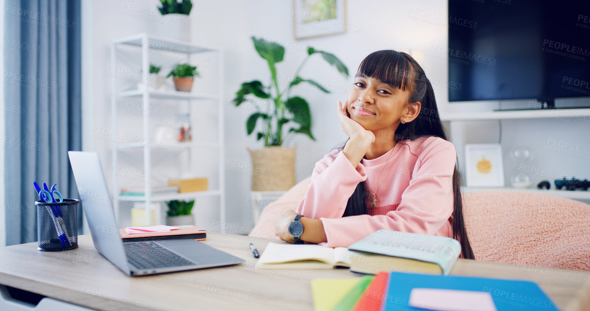 Buy stock photo Happy, laptop and portrait of girl with online school, elearning or education portal in bedroom. Computer, smile and teenager with virtual class for test, assignment or project in home in Mexico.