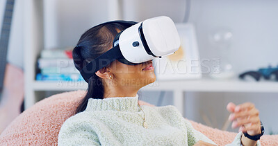 Buy stock photo Woman, relax and vr headset in home for streaming, digital interaction and gaming for 3D experience. Female person, play and virtual reality glasses to explore metaverse, simulation and entertainment