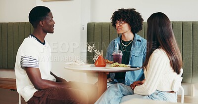 Buy stock photo Friends, lunch late and talking in restaurant for social gathering, weekend break and hangout. Happy group, support and people with brunch at cafe for conversation, reunion bonding or eating together