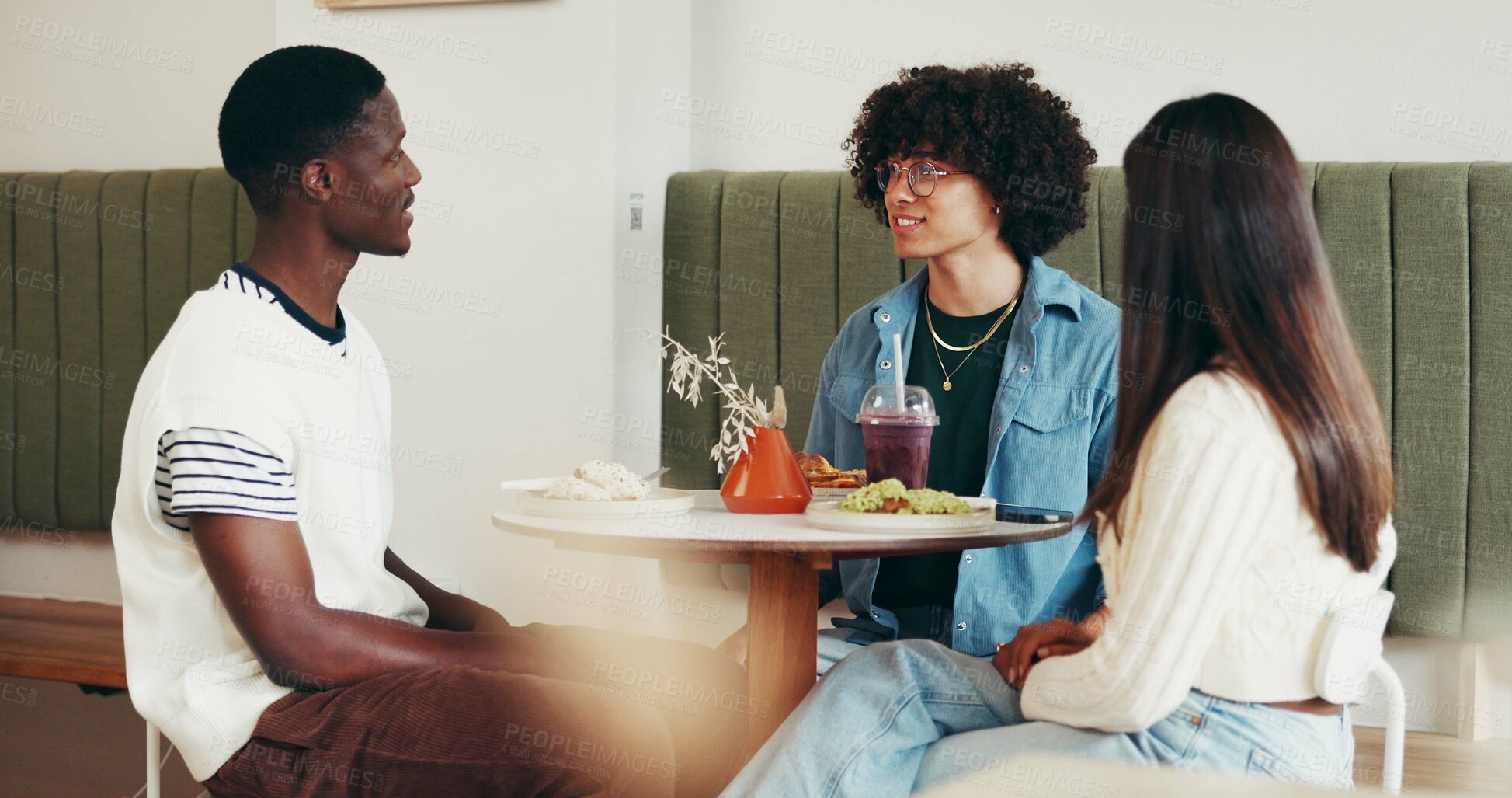 Buy stock photo Friends, lunch late and talking in restaurant for social gathering, weekend break and hangout. Happy group, support and people with brunch at cafe for conversation, reunion bonding or eating together