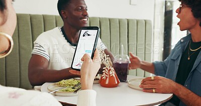 Buy stock photo Hands, friends or woman with phone screen in cafe for hotel booking, reunion accommodation or travel. Lunch date, people or app display in restaurant for lodge reservation, weekend getaway or bonding