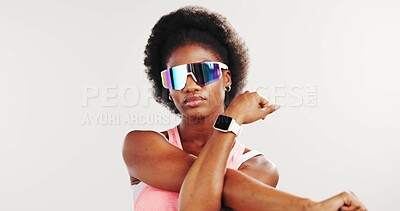 Buy stock photo Stretching, sunglasses and black woman in studio for exercise, workout and training for mobility. Mockup space, athlete and person with warm up for wellness, health and fitness on white background