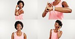 Collage, fitness and woman with smart watch, studio and listening to music for exercise or wellness. White background, athlete and black person with earphones, stretching and heart rate on website