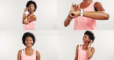 Buy stock photo Collage, fitness and woman with smart watch, studio and listening to music for exercise or wellness. White background, athlete and black person with earphones, stretching and heart rate on website