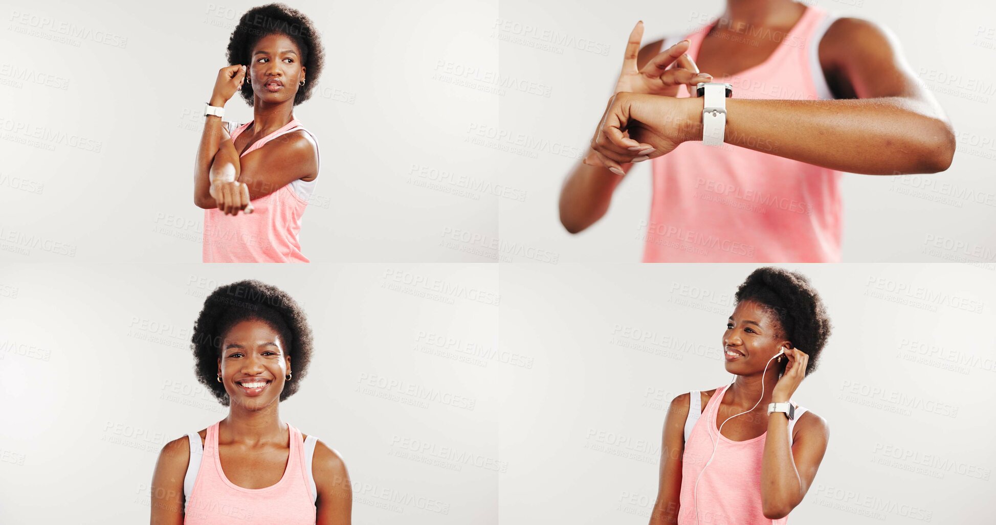 Buy stock photo Collage, fitness and woman with smart watch, studio and listening to music for exercise or wellness. White background, athlete and black person with earphones, stretching and heart rate on website