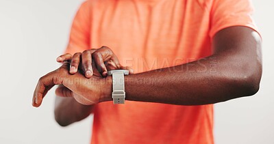 Buy stock photo Smart watch, workout and hands of man for heart rate, fitness progress and tracking performance in studio. Sports monitor, running distance stats and health app with person on white background