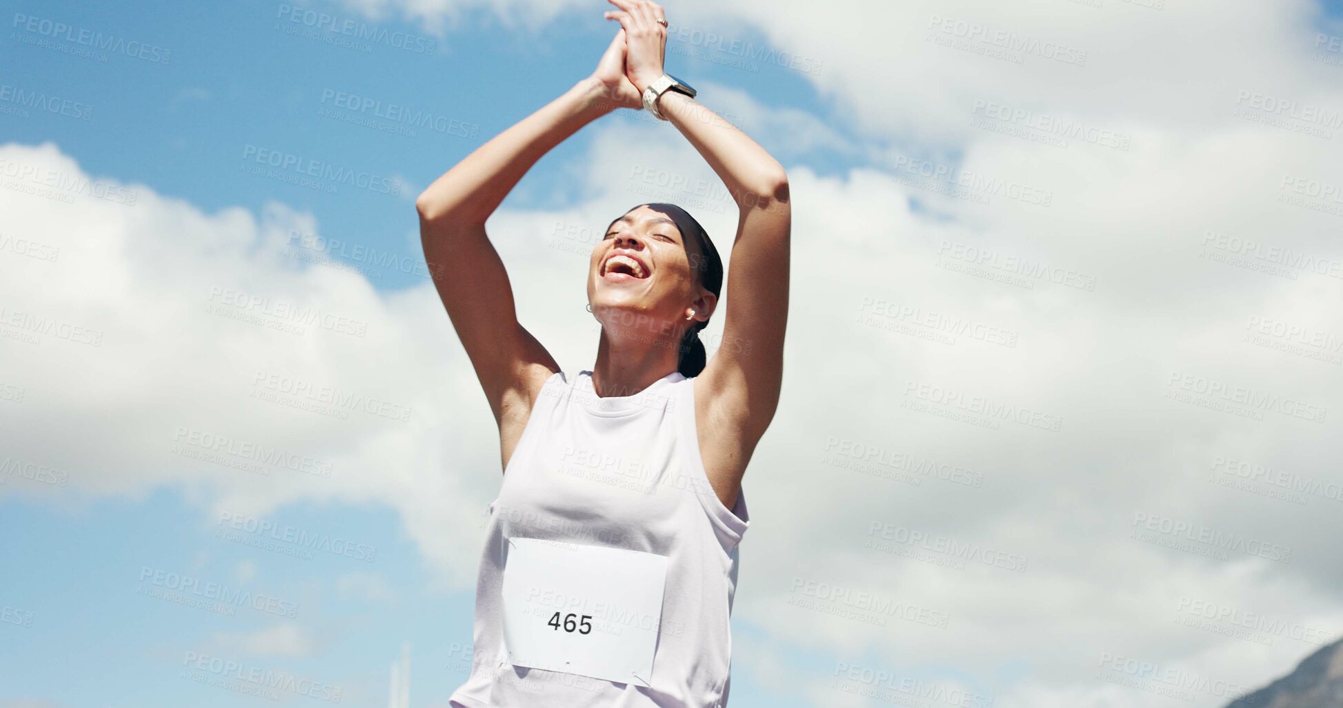 Buy stock photo Runner, applause or happy woman with marathon race, cardio exercise or celebrate achievement. Low angle, finish event or athlete with resilience challenge success, outdoor space or clap for winning