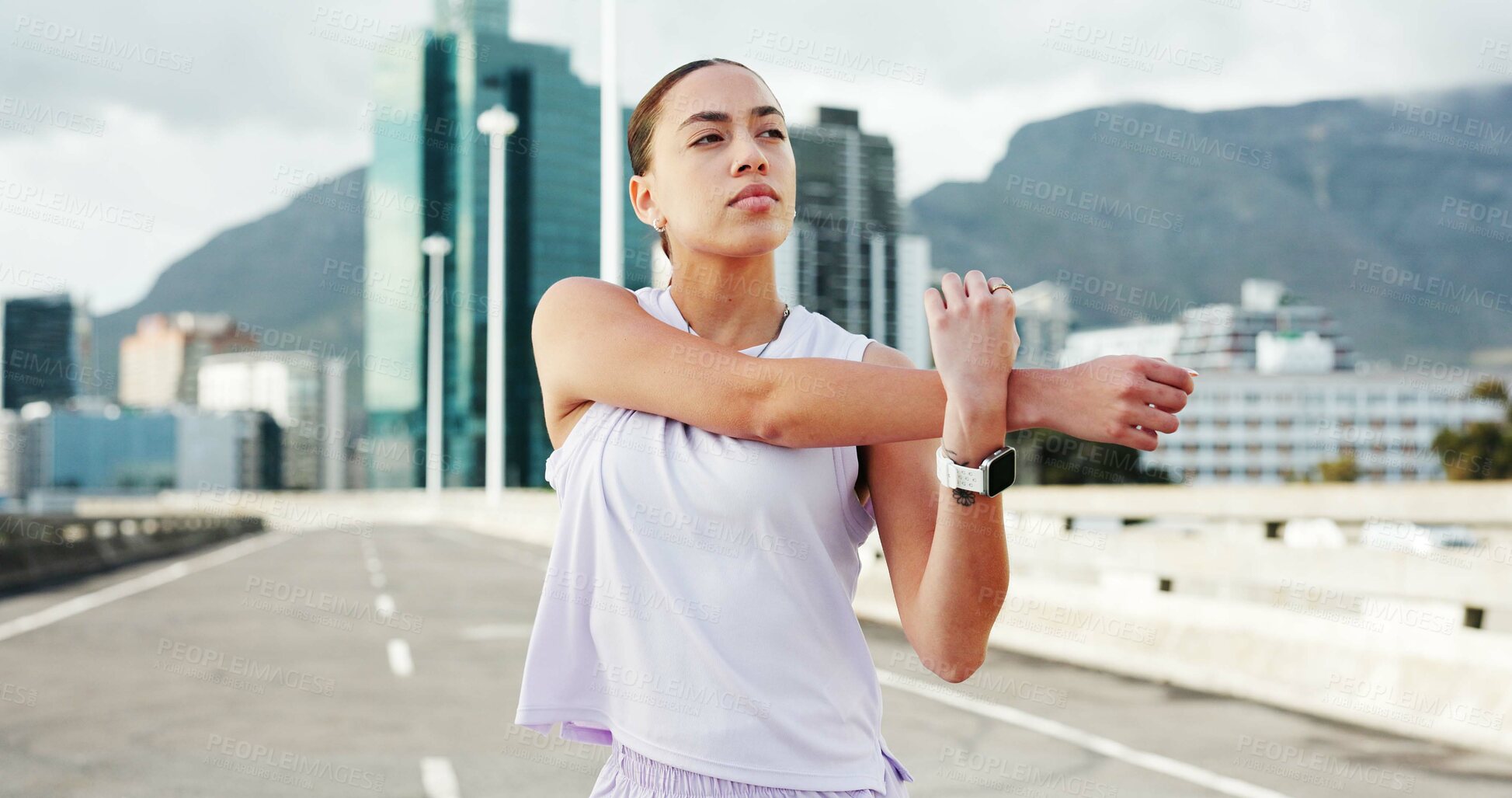 Buy stock photo Woman, fitness and stretching with arms in city for workout preparation or outdoor exercise. Active, female person or getting ready with body warm up for flexibility, physical activity or training