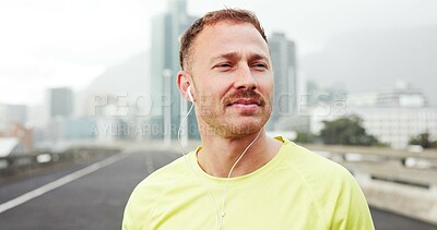 Buy stock photo Headphones, runner and woman in city for exercise, marathon training and workout outdoor. Sports, athlete and person listening to music, audio and radio for wellness, health and fitness in urban town