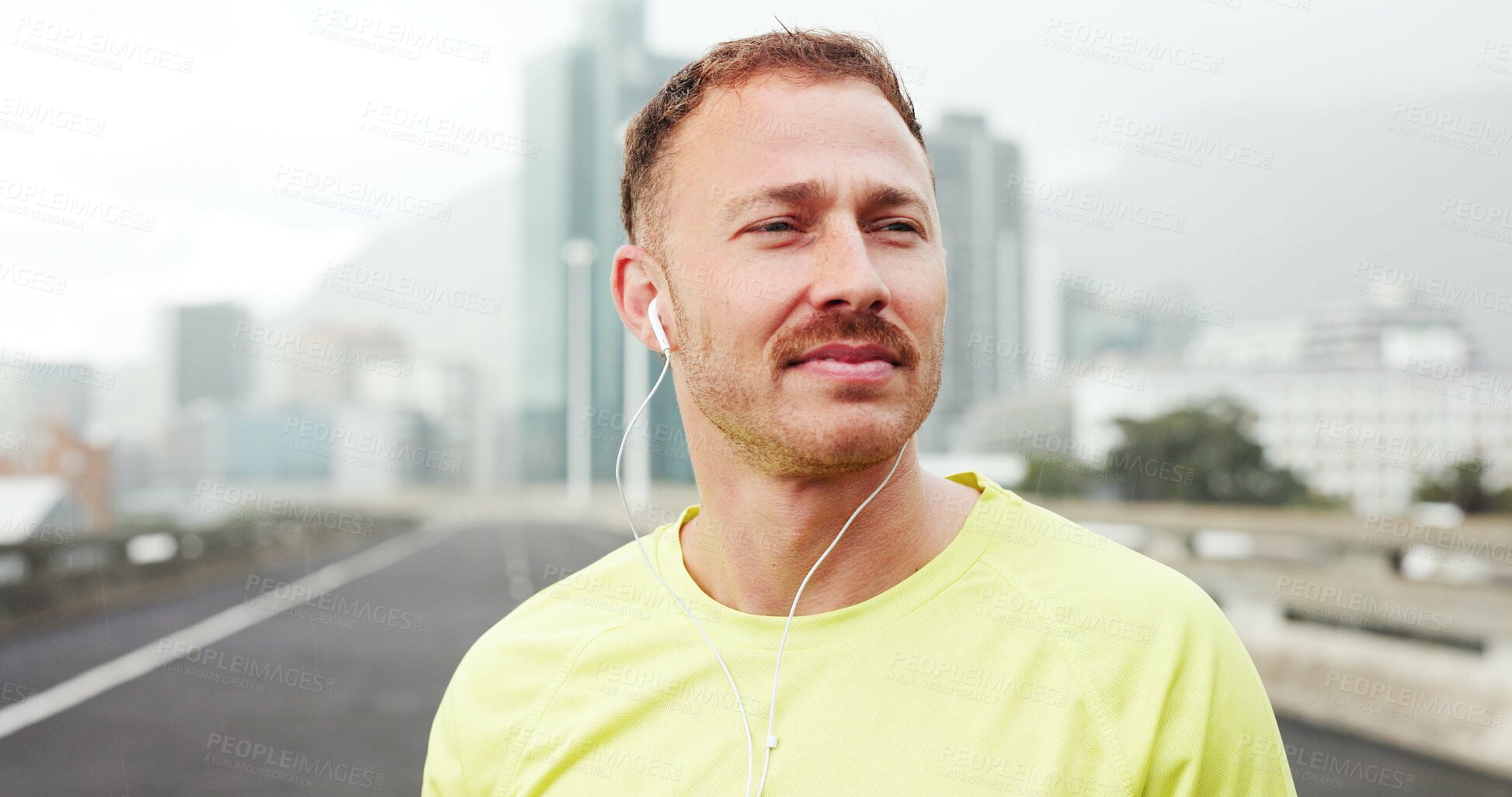 Buy stock photo Headphones, runner and woman in city for exercise, marathon training and workout outdoor. Sports, athlete and person listening to music, audio and radio for wellness, health and fitness in urban town