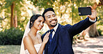 Wedding, couple and selfie at park with smile for special memory, love and post for marriage. Man, woman and picture of bride with groom outdoor for social media profile, romance and celebration