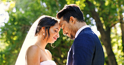 Buy stock photo Wedding, couple and love in park with smile, support and celebration for bridal union or marriage. Happy bride, groom and people in garden with trust for life partner, commitment or together outdoor