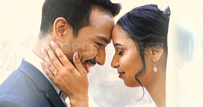 Buy stock photo Smile, couple and love with romance at wedding ceremony, celebration and relationship commitment. Happy, people and bride with groom affection, marriage and bonding with connection at special event