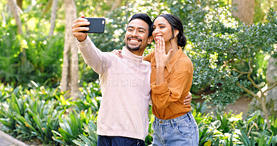 Buy stock photo Selfie, engagement and couple in park with ring for online announcement, social media and memory. Happy, love and man with woman with jewelry, photo and profile picture for bonding, love and proposal