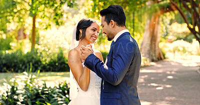 Buy stock photo Wedding, couple and dance in nature with smile, support and celebration for bridal union or marriage. Happy bride, groom and people in park with trust for life partner, commitment or together outdoor