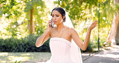 Buy stock photo Phone call, stress and bride in park with wedding day, argument and angry with bad news. Marriage, technology and conversation with woman frustrated for fight, communication or trouble with rejection