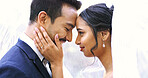 Wedding, happy and couple in veil for marriage, bonding and commitment for celebration. Forehead touch, love and bride and groom together for connection, relationship and romantic event for trust