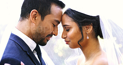 Buy stock photo Love, wedding and couple with connection in marriage, commitment and care in relationship. Happy, romance and groom with bride for forehead touch at ceremony together for partnership with affection.