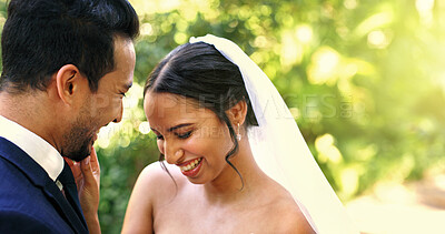 Buy stock photo Wedding, bonding or couple with laugh at park for marriage, celebration, funny joke or commitment. Happy people, bride or groom with comic connection at ceremony for relationship union, love or bokeh