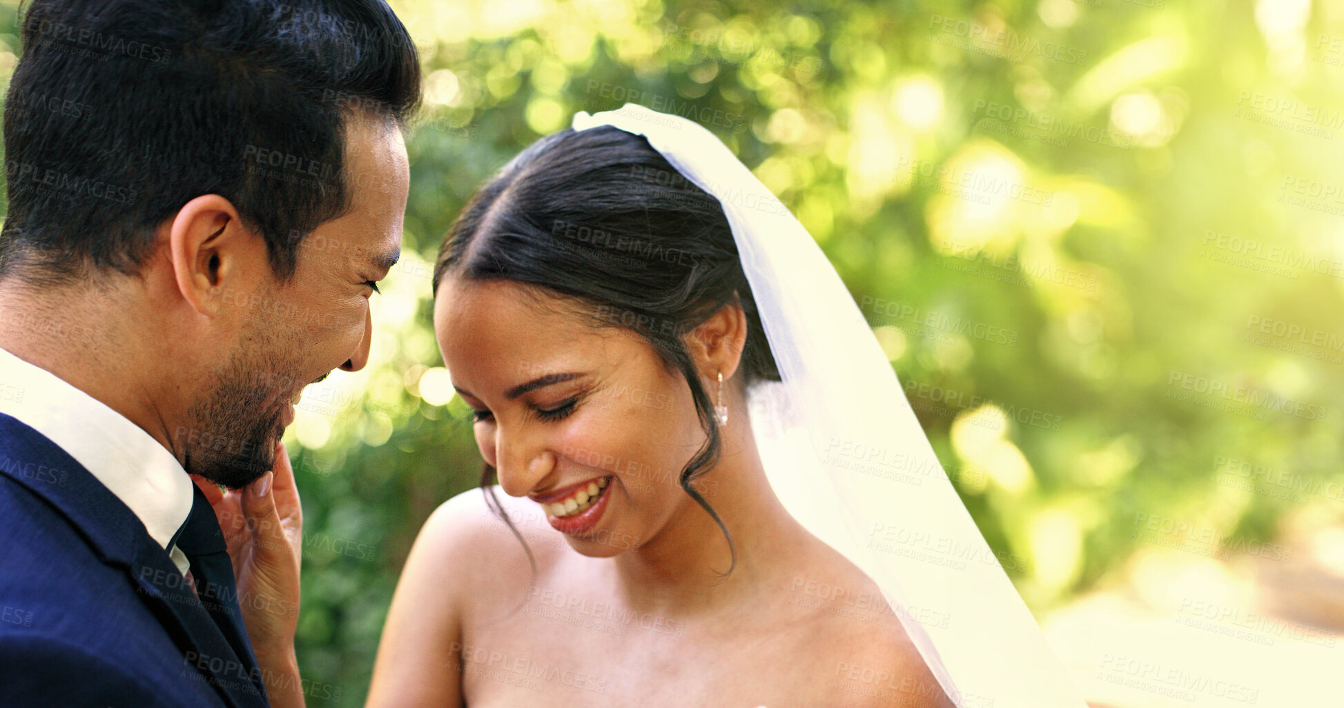 Buy stock photo Wedding, bonding or couple with laugh at park for marriage, celebration, funny joke or commitment. Happy people, bride or groom with comic connection at ceremony for relationship union, love or bokeh