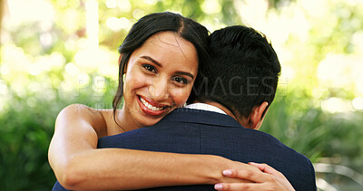 Buy stock photo Woman, hug groom and portrait at wedding, smile or outdoor for memory, milestone and relationship. People, embrace and excited bride with partner, commitment or marriage celebration at park in summer