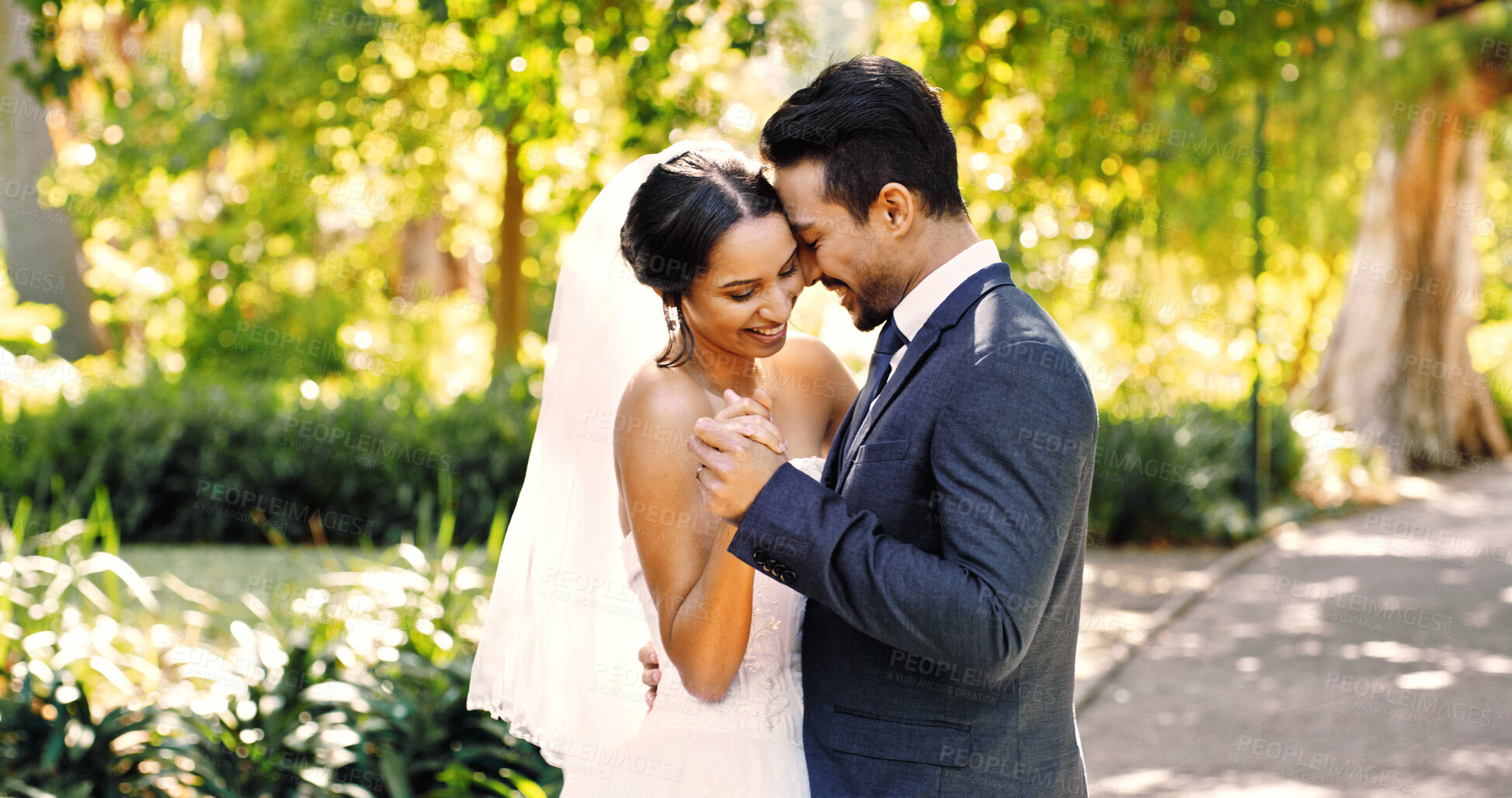 Buy stock photo Couple, wedding and dance at park, happy and holding hands with connection, love and milestone. People, marriage and celebration with commitment, relationship or excited outdoor with rhythm for event