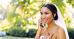 Phone call, wedding bride and woman laugh outdoor for funny joke, communication and bokeh. Mobile, marriage and person speaking to contact at park for celebration, connection and schedule update
