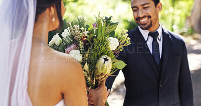Buy stock photo Bride, bouquet and happy groom at park on wedding day, love or celebration for relationship milestone. People, couple and flowers with smile for marriage, event or outdoor with partner for commitment
