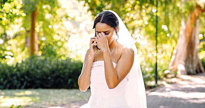 Buy stock photo Phone call, frustrated and bride in park with wedding day, argument and angry with bad news. Marriage stress, technology and conversation with woman for fight, communication or trouble with rejection