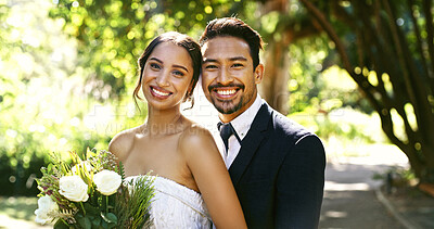 Buy stock photo Wedding, couple and portrait with flowers at park for marriage ceremony, union and love commitment. Happy people, bride and groom with celebration in nature for partnership, bonding together or bokeh