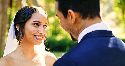 Buy stock photo Wedding, couple and love in garden with smile, support and celebration for bridal union or marriage. Happy bride, groom and people in park with trust for life partner, commitment or together outdoor