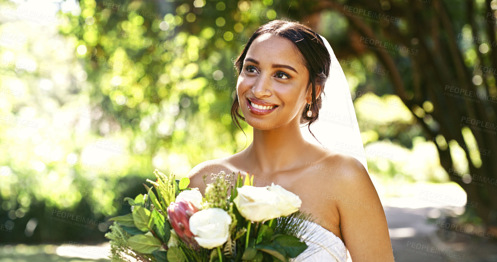 Buy stock photo Flowers, bride thinking and woman at park for love, idea and wedding celebration at special event. Thoughts, marriage and happy person with bouquet, daydreaming and reflection outdoor in nature