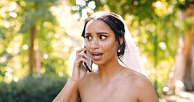 Buy stock photo Phone call, stress and woman in park with wedding day, argument and angry with bad news. Marriage, technology and conversation with bride frustrated for fight, communication or trouble with rejection