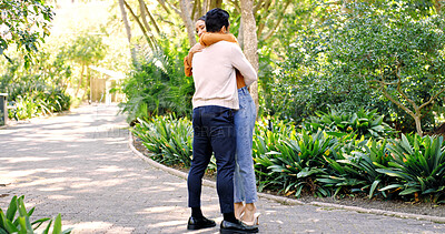 Buy stock photo Couple, hug and reunion on date at park with bonding, love and connection on break in summer. People, partner and embrace with loyalty, relationship or happy outdoor with care at urban garden