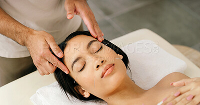 Buy stock photo Therapist, woman and face acupuncture in spa for beauty, stress relief and traditional medicine. Above, person and sleeping at wellness resort with needle for skincare, ancient treatment and healing.