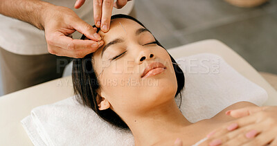 Buy stock photo Hands, woman and needle with acupuncture for beauty, stress relief and traditional medicine in spa. Above, person and rest at wellness resort with pin for skincare, ancient treatment and dermatology.