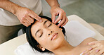 Hands, woman and face acupuncture in spa for beauty, stress relief and traditional Chinese medicine. Above, person and sleep at wellness resort with needle for skincare, healing or ancient treatment.