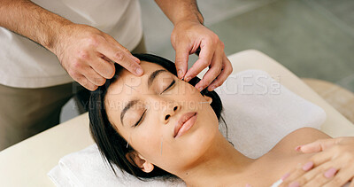 Buy stock photo Hands, woman and face acupuncture in spa for beauty, stress relief and traditional Chinese medicine. Above, person and sleep at wellness resort with needle for skincare, healing or ancient treatment.