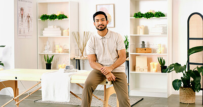 Buy stock photo Portrait, man and physiotherapist in office for health, wellness or about us for medical service. Confidence, person and physical therapist in clinic for healing, expert chiropractor and professional