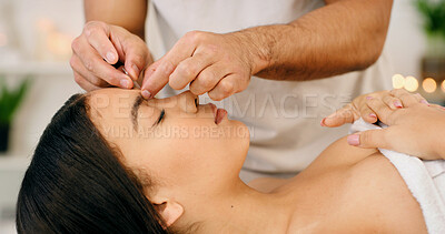 Buy stock photo Worker, woman and facial acupuncture in spa for beauty, stress relief and traditional Chinese medicine. Therapist, person and wellness at resort with needle for skincare, healing and pain management.