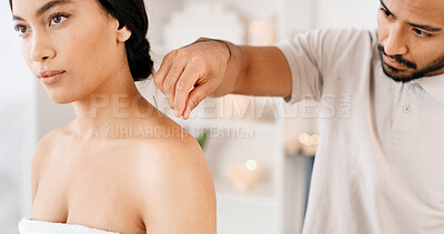 Buy stock photo Woman, shoulder and needles for acupuncture at spa for muscle tension, natural pain relief and healing. People, pin and physical therapy with traditional medicine, joint inflammation and dry needling