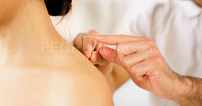 Buy stock photo Hands, people and shoulder for acupuncture at spa for muscle tension, natural pain relief and healing. Woman, needle and traditional medicine for physical therapy, joint inflammation and self care