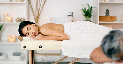Buy stock photo Relax, massage and woman at spa with sleeping for wellness, health or zen for body care. Rest, pamper and female person with peaceful nap for stress relief at luxury resort for calm aromatherapy.