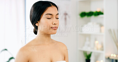Buy stock photo Relax, health and woman at spa for acupuncture, peace and treatment with alternative medicine. Needle therapy, wellness or person with eyes closed for holistic healing, pain relief or calm with bokeh