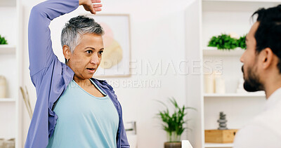 Buy stock photo Physiotherapy, arm stretching or woman in clinic for consultation, aid or mobility exam in rehabilitation. Healthcare, mature or specialist in center with checkup, injury or visit for muscle recovery