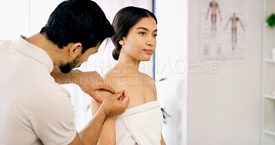 Buy stock photo Worker, woman and body care in spa with acupuncture, stress relief and traditional Chinese medicine. Expert, people and help at wellness center with needle, ancient healing method or pain management.