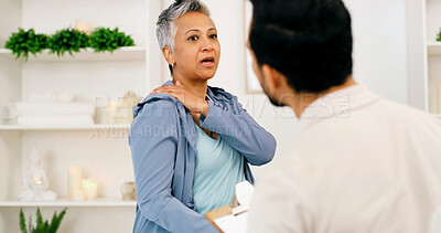Buy stock photo Shoulder pain, physiotherapy and senior woman for consulting, wellness and rehabilitation. Healthcare, chiropractor and physical therapist with mature person for medical support, recovery and help