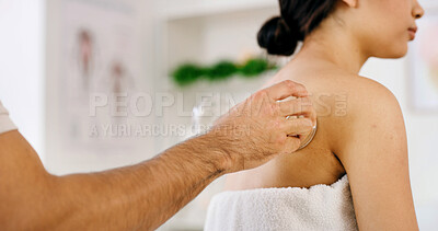 Buy stock photo People, glass and cupping therapy for back pain, relax and healing for muscle blood flow benefits. Therapist, holistic spa and woman with hand for wellness, health or resort with deep tissue massage