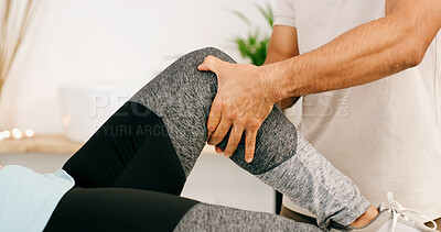Buy stock photo Physiotherapy, knee pain and physical therapist with woman in clinic for muscle recovery support. Healthcare, checkup and physiotherapist with female patient with leg exercise for rehabilitation.